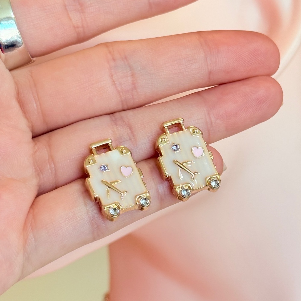 Suitcase Gold and Pink Stud Earrings - Picture 10 of 11